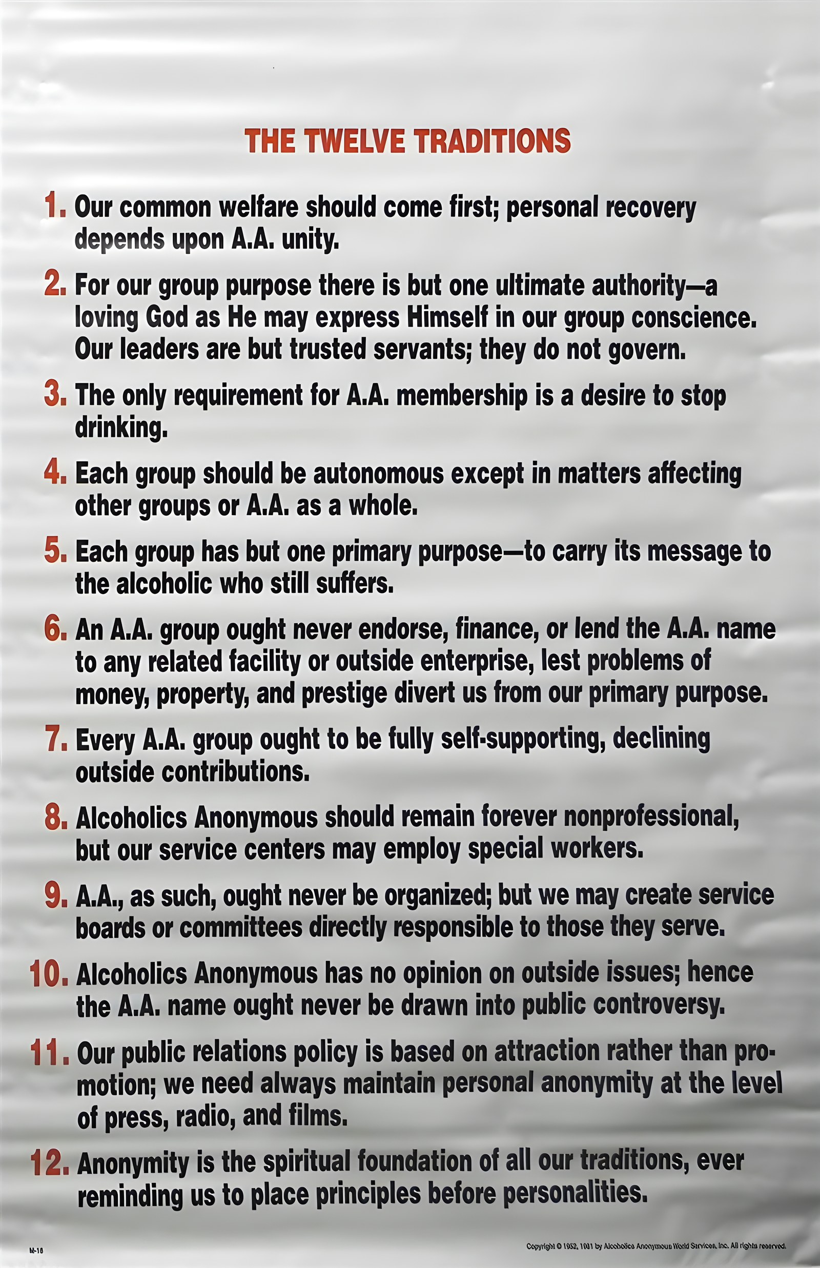 Vintage Alcoholics Anonymous poster listing the Twelve Traditions
